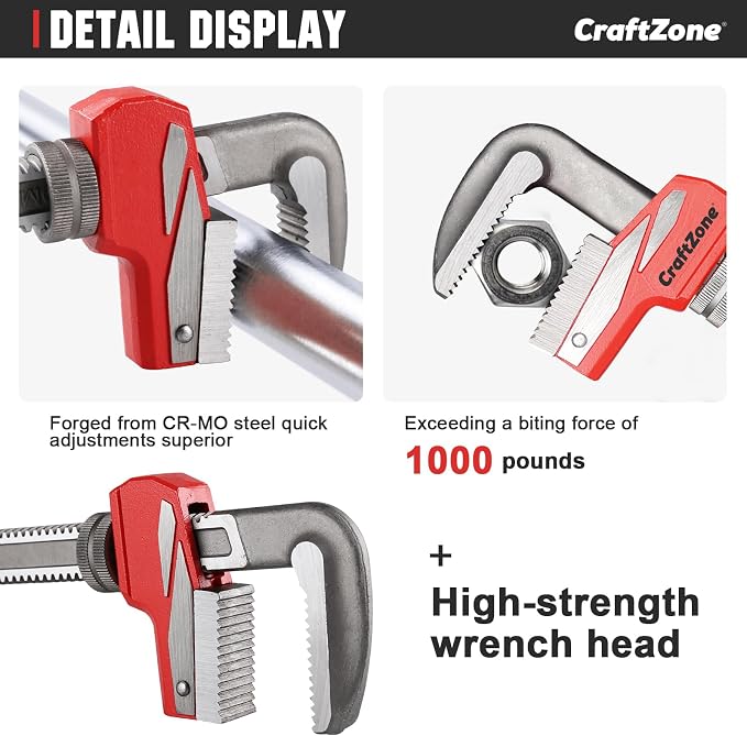 16 Inch Aluminum Pipe Wrench, Heavy-Duty Adjustable Plumbing Wrench, 130mm Max Jaw Capacity, Cr-V Steel Jaw, Lightweight Straight Pipe Wrench for Pipe Fittings