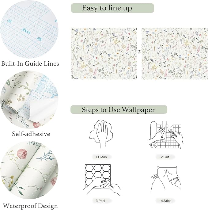 Dimoon 78.7"x16.1" Floral Peel and Stick Wallpaper Beige Contact Paper Thicken Wallpaper Delicate Flower Waterproof Green Leaf White Self Adhesive Removable Wall Paper Shelf Liner Decal Vinyl Roll