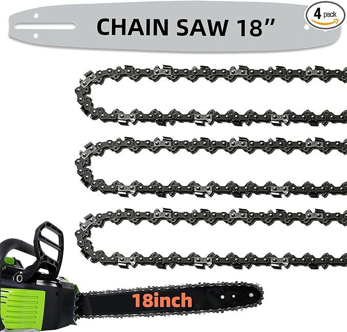 18 Inch Chainsaw Guide Bar and Chains 62 Drive Links, 3/8" LP Pitch, 050" Gauge, 18-Inch Replacement Chainsaw Chains Compatible with Husqvarna, Echo, Poulan, Craftsman and more (1 Bar + 3 Chains)