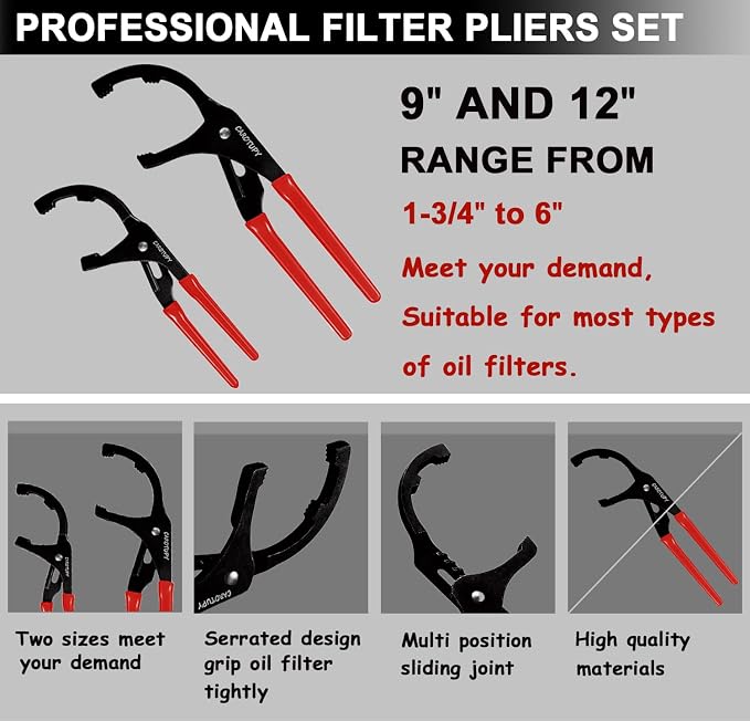 9pcs Oil Filter Wrench Set, 9" and 12" Oil Filter Pliers with Oil Snap Funnel for Automotive Oil Change, Adjustable Oil Filter Removal Tool From 1-3/4" to 6" | Universal Oil Filter Removal Tool 1-3/4" - 6", 9" & 12" Adjustable Oil Filter Pliers, Snap-O...
