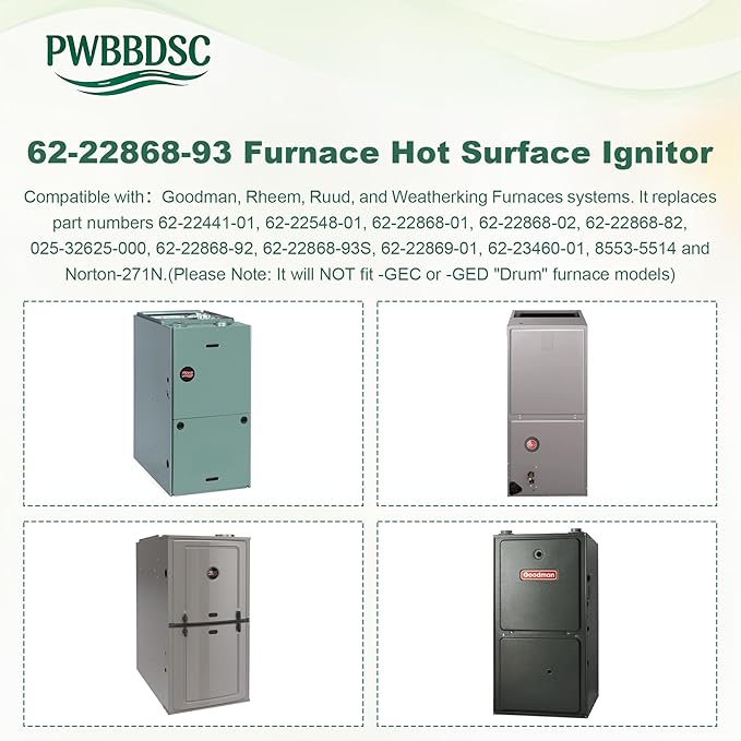 62-22868-93 Furnace Hot Surface Ignitor, Compatible with Norton-271N Goodman York Coleman Evcon Luxaire Furnaces, 025-32625-000, Replace 62-22441-01, 62-22548-01, 62-23460-01