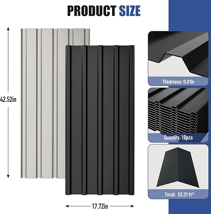 Brakki Metal Roofing Panels 10pcs 52.4 ft², L42.52"xW17.72" Black Corrugated Galvanized Steel Roof Panels with Screw, Heavy Duty Metal Siding Suitable for Garages Chicken Coop Sheds Stables Patio