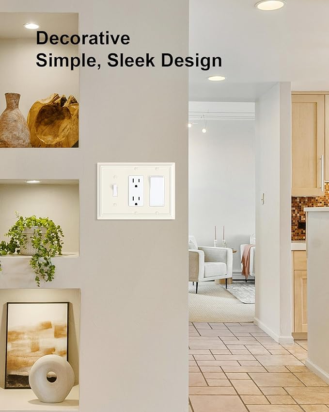 2-Pack Combo Toggle/Double Decorator Outlet Cover Plate, Light Almond Decorative Switch Plates and Outlet Covers, Durable Natural Bamboo Fiber Wall Plate for Electrical Outlet, Receptacle, GFCI Outlet