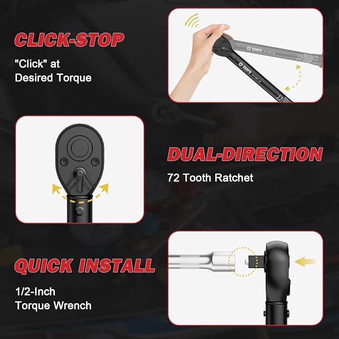 VANPO 1/2 Inch Drive Torque Wrench for Lug Nuts & Automotive, 10-170 Ft-Lb | Click Type, ±3% Accuracy,72-Tooth Dual-direction Ratchet, Dual Scale, for Tire, Car & Motorcycle Repair