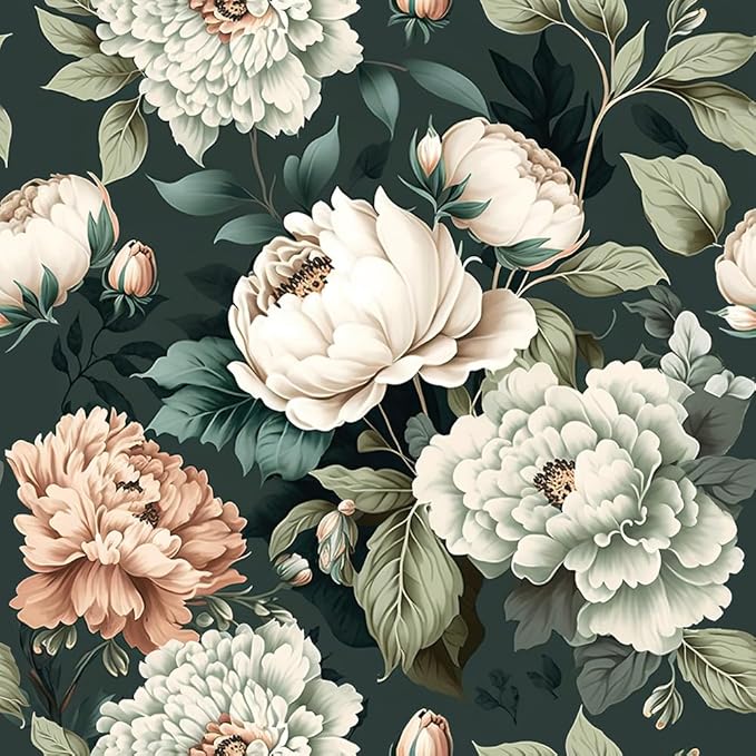 Dark Green White Peonies Vintage Floral Peel and Stick Wallpaper Wall Decor Self Adhesive Wall Paper Stick on Easy Peel Off Contact for Renter Apartment