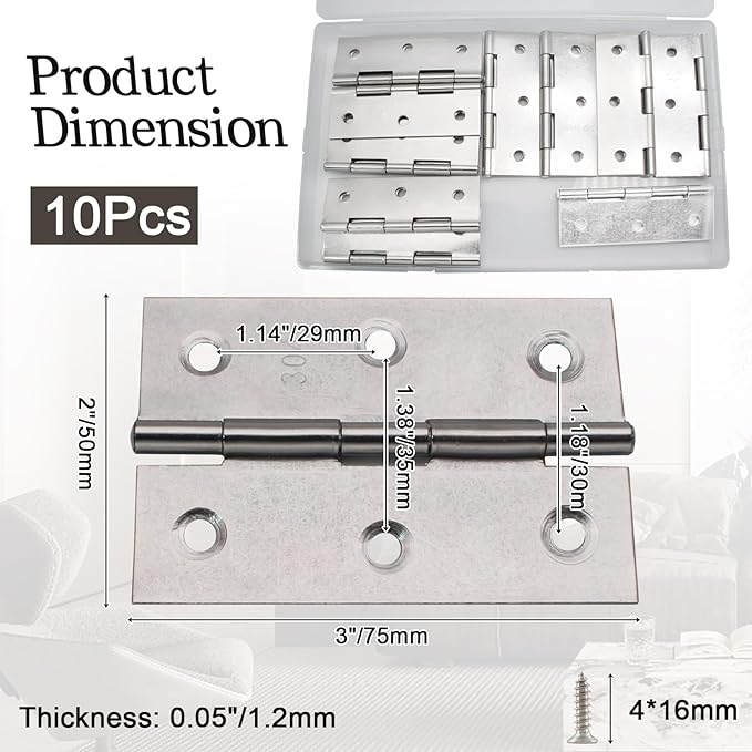 Luomorgo 10 Pack 3 Inch Mini Hinges Butt Hinges, Stainless Steel Cabinet Hinges, Small Folding Door Hinge for Wooden Box, Crafts (Silver)