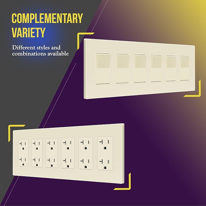 ENERLITES Screwless Decorator Wall Plate Child Safe Outlet Covers, Size 6-Gang 4.68" H x 12.00” L, Unbreakable Polycarbonate Thermoplastic, SI8836-LA, Glossy, Light Almond