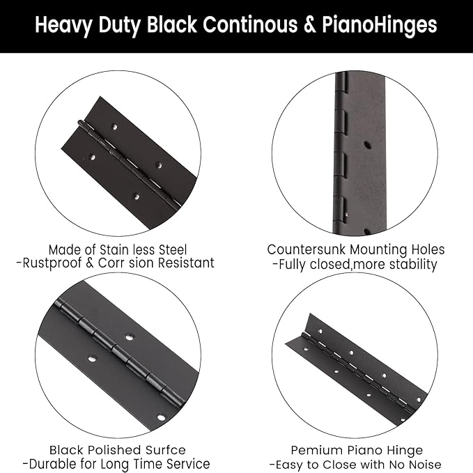2-Pack 12-Inch Black Stainless Steel Heavy Duty Continuous & Piano Hinge, 2" Open Width Piano Boat Hinges, with Pre-Drilled Holes and Screws, Ideal for Piano Cabinets ane Wooden Box.