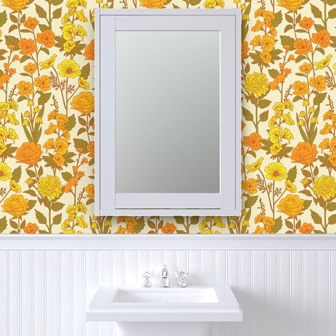 Spoonflower Retro Floral Yellow Peel and Stick Removable Wallpaper | Roll 24" x 144" | Orange Green 1970S Flowers Botanical | Self-adhesive, removable and renter-friendly