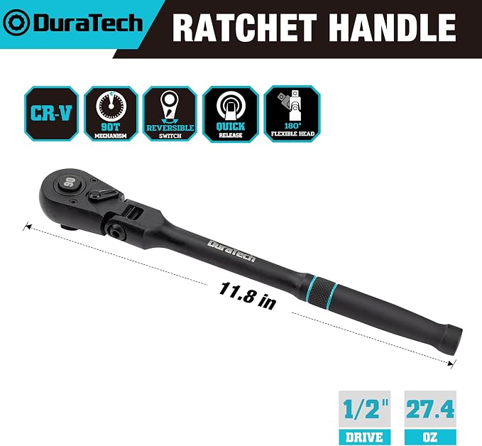 DURATECH 1/2-Inch Flex-Head Ratchet, 90-Tooth Quick-Release Ratchet Wrench | Socket Wrench with 180° Pivoting Head and 7-Position Setting, Reversible, CR-V Made, CR-MO Head, Black Mn Phosphate Finish