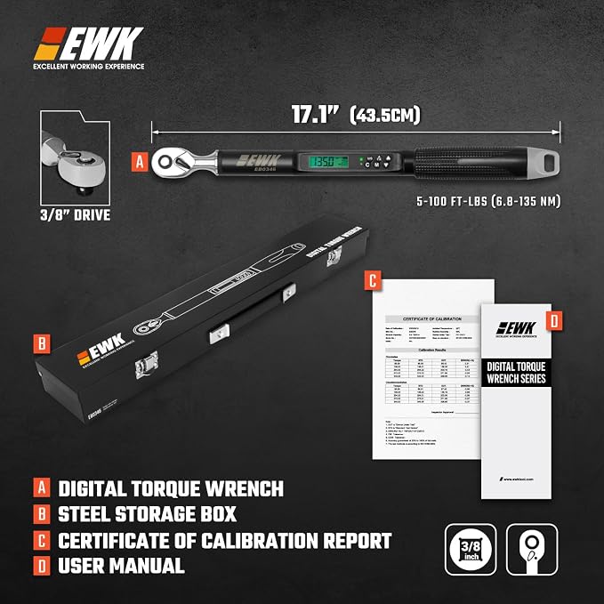 EWK 3/8" Drive Digital Angle Torque Wrench 5-100 ft-lbs (6.8-135 Nm) | ISO 6789, ±1.5% clockwise / ±2.5% counterclockwise/ ±2% Angle, LCD Display, LED Buzzer Vibration Alert, 30 Memory Values