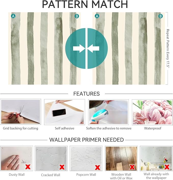 Green Striped Wallpaper Peel and Stick Sage Green Cream Tan Stripe Wallpaper Prepasted Modern Minimalist Accent Stripes Contact Paper for Cabinets Bathroom Wall Paper Waterproof 17.5x80