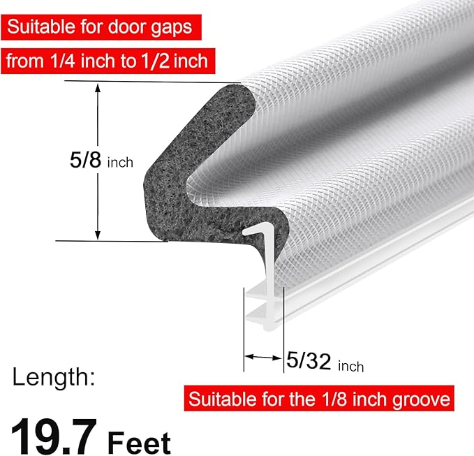 Kerf Style Door Weather Stripping, 19.7FT Weather Stripping Door Seal Strip for Kerf Frames, Light & Noise Block, White