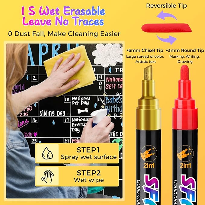 SFAIH 24 Vibrant Chalk Markers for Blackboard Glass [1s Wet Wipe, No Residue] 6mm Chalk Marker for Chalkboard Calendar, Graduation Car Window, Menus, Labels, Signs, Non-Toxic, Ideal for Bistro Home