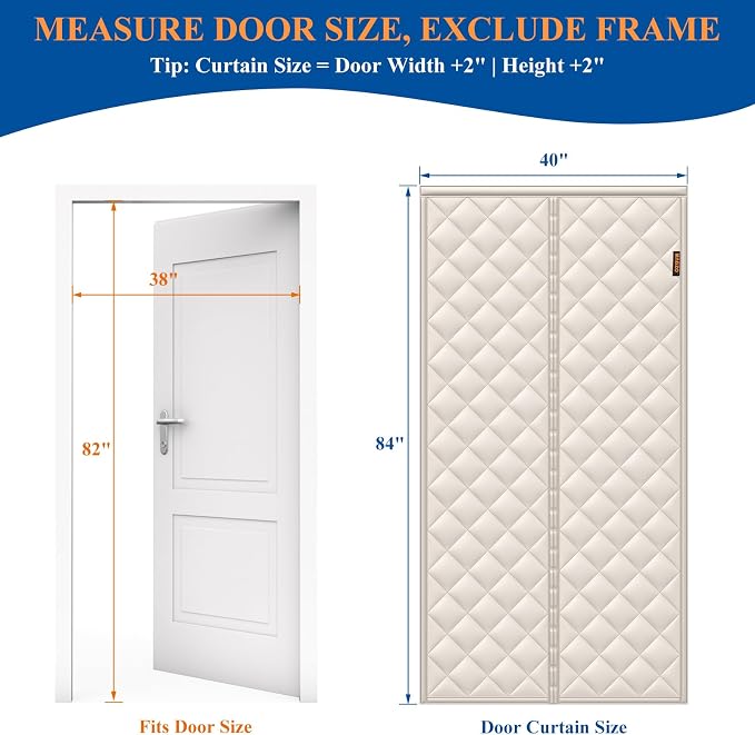 MAGZO Magnetic Thermal Insulated Door Curtain, Fits 38" x 82" Door, Beige | Curtain Size 40'' x 84'', Weatherproof Oxford Filled with Thick Cotton, Prevent Cold or Hot Air From Entering During Winter