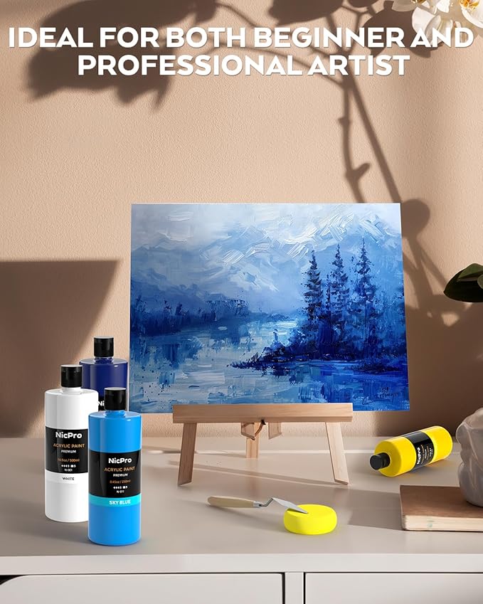 Nicpro 24 Colors Large Bulk Acrylic Paint Set (8.45 oz/250 ml), Rich Pigments Non Toxic, Bulk Painting Supplies for Artist Beginners on Canvas, Wood, Rock, Glass, Ceramic, Crafts with Color Wheel