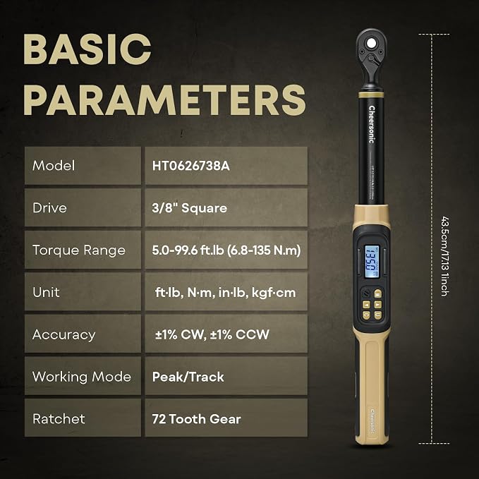 Digital Torque Wrench 3/8 Drive, 5.0-99.6 ft·lb (6.8-135N.m) | ±1% Accuracy Electronic Torque Wrench with Buzzer and LED Heavy Duty Torque Wrench Set with Socket for Car Repair