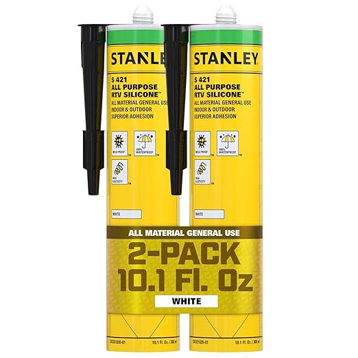 Stanley S421 All-Purpose RTV Silicone Sealant (2 x 10.1 fl.oz.) – 100% Waterproof White Caulk | Industrial-Grade Silicone for Kitchen, Bathroom, Shower, Window, Door, Indoor & Outdoor Use | 2 Pack
