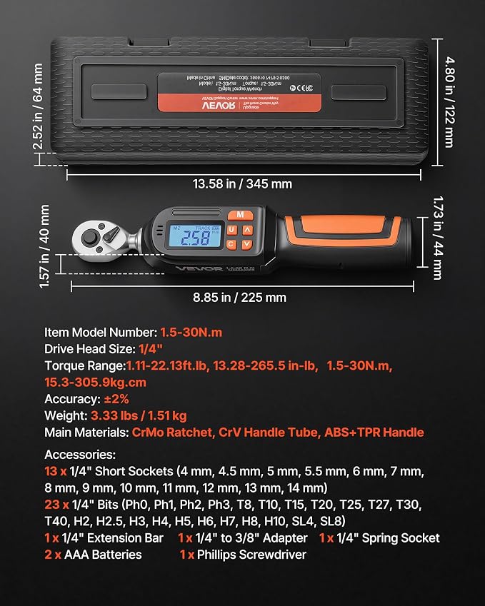 VEVOR Torque Wrench Set 1/4" Drive 42-Piece Digital Torque Wrench 4 Units, ±2% Accuracy, LCD Screen, with Buzzer and LED Indicator, with Sockets, Bits, Extension Bar, Adapter, for Automotive Repair