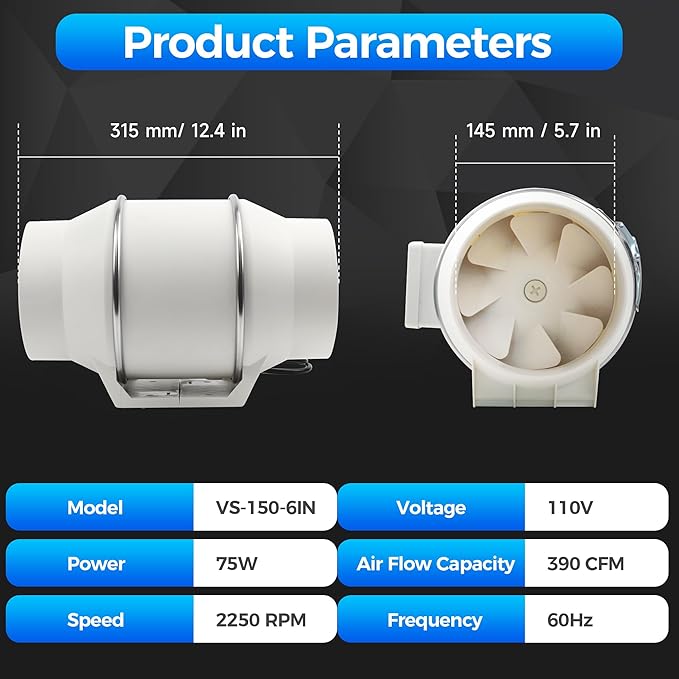 Voltset 6 Inch Duct Fan, Inline Ventilation Exhaust Fan with Remote Control, 390 CFM Duct Intake High Efficiency Air Fan for Vent Bathroom, Kitchen, Grow Tent, Hydroponics, 3D Printer