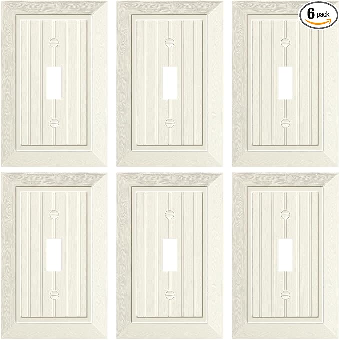 6-Pack Classic Beadboard Single Toggle Light Switch Cover Plate, Unbreakable Polycarbonate Decorative Switch Plate Covers, Light Almond 1 Gang Wall Plate