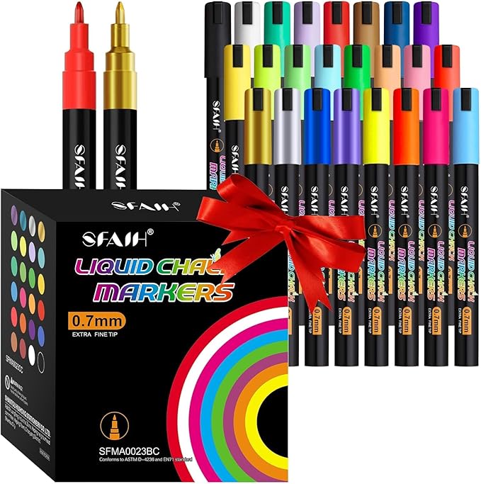 SFAIH Liquid Chalk Markers for Blackboard - Vibrant 24 Colors 0.7mm Fine Tip, Wet Erase Marker for Chalkboard, Menu, Bistro, Signs, Windows, Glass, Labels, Dust-Free [1s Wet Wipe] - No Residue