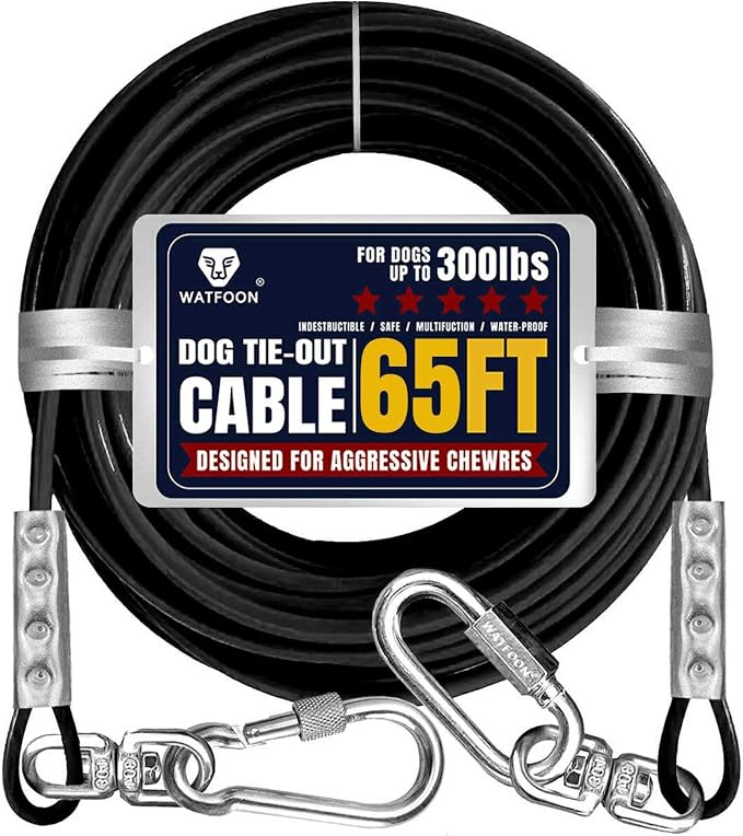 Tie Out Cable for Dogs Up to 300lbs,100ft Extra Strong 1000lbs Break Strength Tie-Out Tether Trolley Training Lead,Dog Run Cable for Yard Garden Park Camping Outside (Black, 300lbs 65ft)