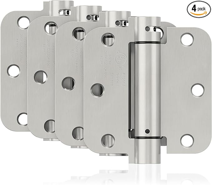 4 Pack Self Closing Door Hinges, 3.5 Inch Spring Loaded Door Hinges for Garage, Front, Back Door, Left/Right Hand, Adjustable Tension, 5/8'' Radius Corners, UL Listed, Brushed Nickel