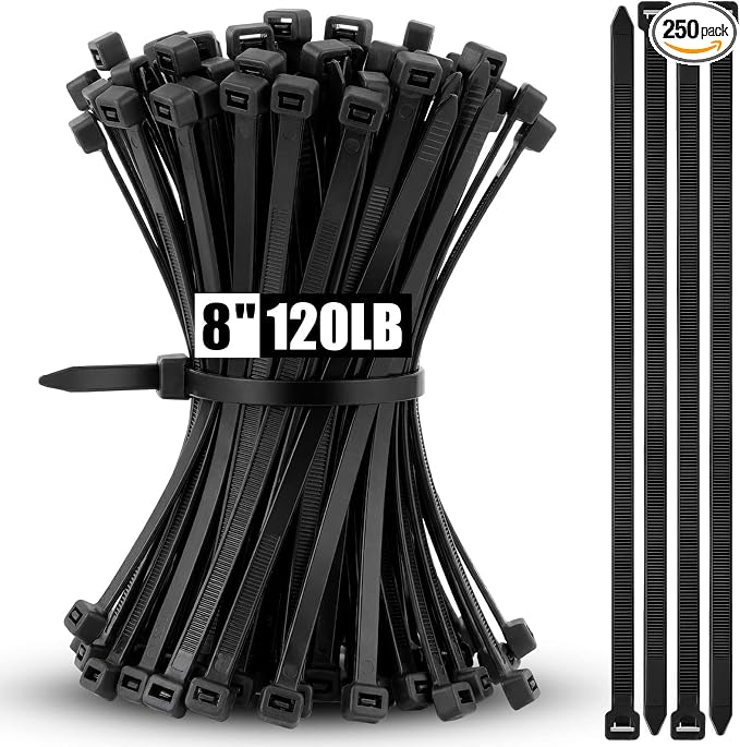 Reallnaive 250 Pcs 8 Inch Zip Ties Heavy Duty 120 Lbs Tensile Strength Black Nylon Wire Cable Ties Bulk for Indoor Outdoor
