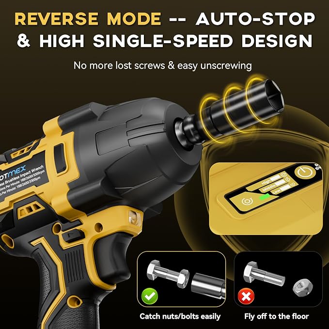 900Ft-lbs (1200N.m) Impact Wrench, 1/2" Cordless Impact Gun, 21V High Torque Brushless Impact Driver, 2x4.0Ah Batteries Electric Impact Motor Variable Speeds for Car/Pickup Truck/Mower, Yellow