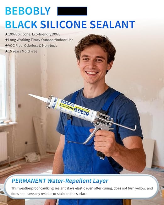 BEBOBLY Black Silicone Caulk & Sealant, 100% Waterproof Silicone Caulking, Silicone Sealant Caulking for Kitchen, Bathroom, RV, Interior & Exterior Use, Shrink & Crack Proof, 10.2 FL. OZ/300ML, 4 Pack