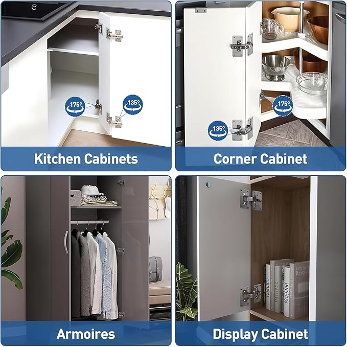 TamBee Corner Cabinet Hinge Bifold 175 Degree with Repair Plate Kit, 48mm Full Overlay Lazy Susan Cabinet Door Hinge Frameless