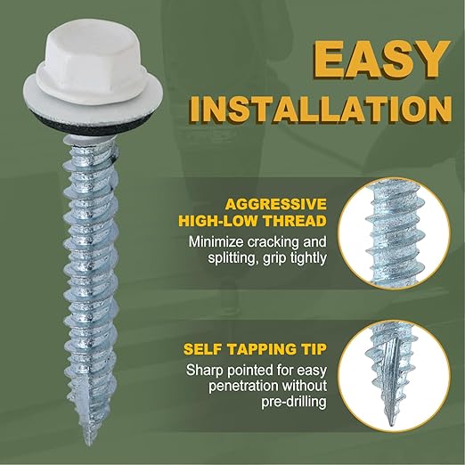 LIONMAX 500-PCS Metal Roofing Screws #10 x 1-1/2 Inch, White Painted Hex Head Sheet Metal Roof Screws, Rubber Washer, Sharp Point, Metal to Wood Siding Screws, Hex Socket Included