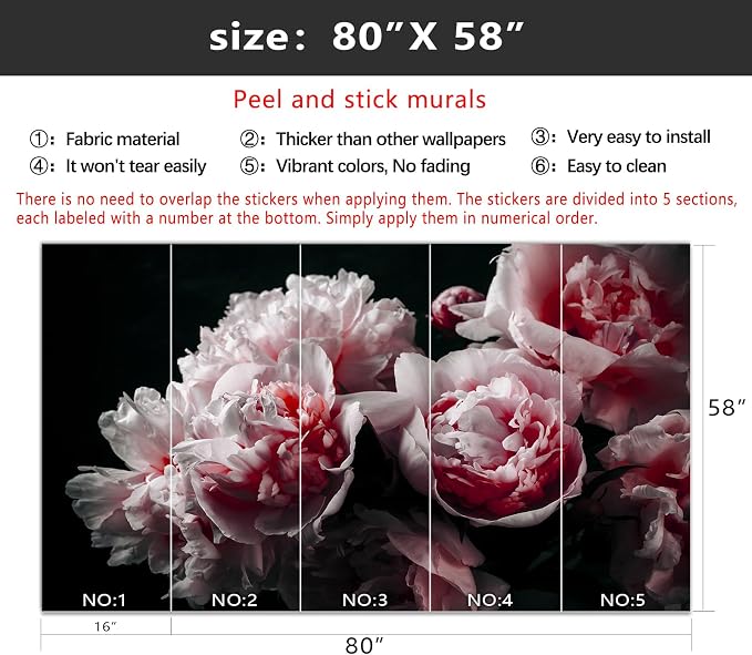 YIHWM-Peel and Stick Pink Flowers Wallpaper Dark Peony Floral Wall Mural | Tear-resistant,with a substantial feel;Will not be damaged during repositioning.Bathroom,Bedroom wallpaper.S-80"x58"
