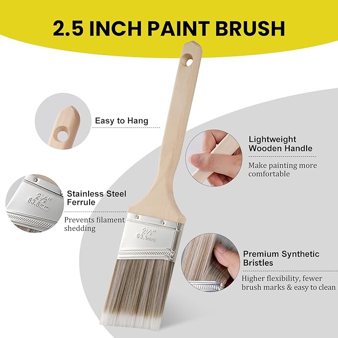 Mister Rui Paint Brush, 2.5 Inch Angled Paint Brush Professional Sash Brush for Trim, Cabinets, Door, Ergonomic Long Handle, Smooth Finish for Oil & Latex Paint