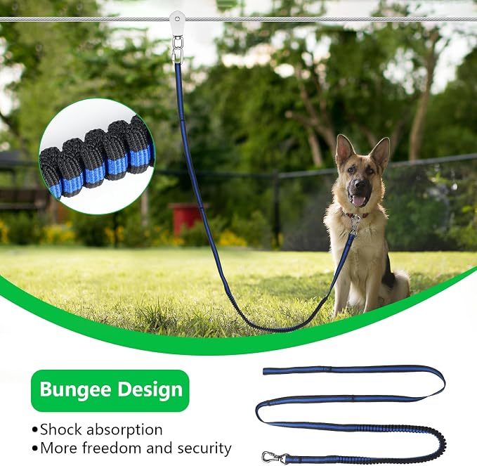 XiaZ Dog Tie Out Cable, 75ft Trolley Runner Cable for Dogs up to 250lbs, Dog Lead for Yard, Camping, Outdoor, with 8 Ft Nylon Bungee Runner, Cable Sling to Protect Trees