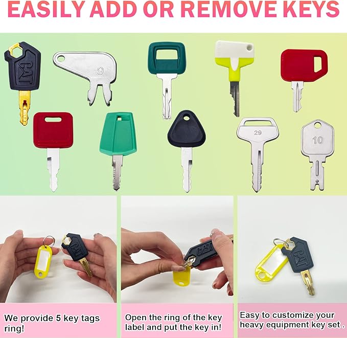 10PCS Heavy Equipment Construction Operators Keys, Master Ignition Key Set for John Deere Volvo CAT Caterpillar Komatsu Hyster Bobcat D250 and More.