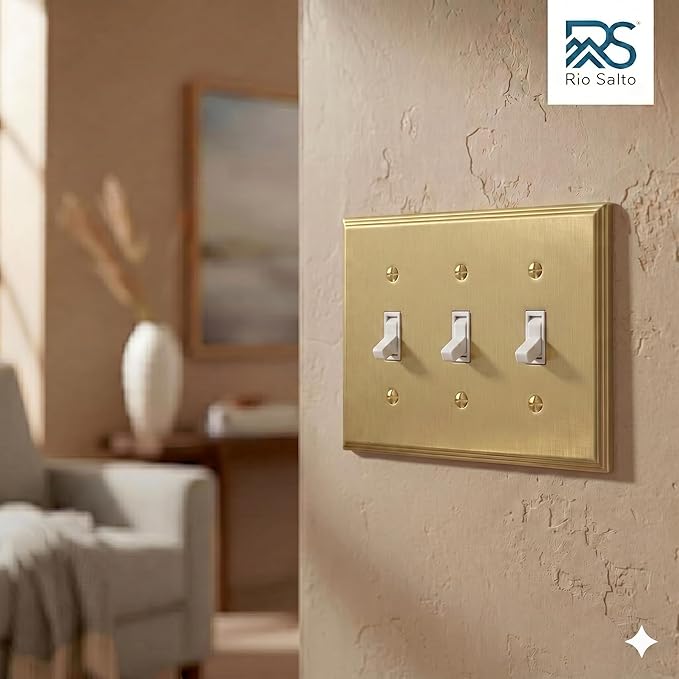Rio Salto Toggle Light Switch Cover Plate Triple Toggle Flip Switch Outlet Covers 3 Gang BRASS Brushed Brass Gold Metal — Deco Collection, Standard Size 4.50" X 6.33"