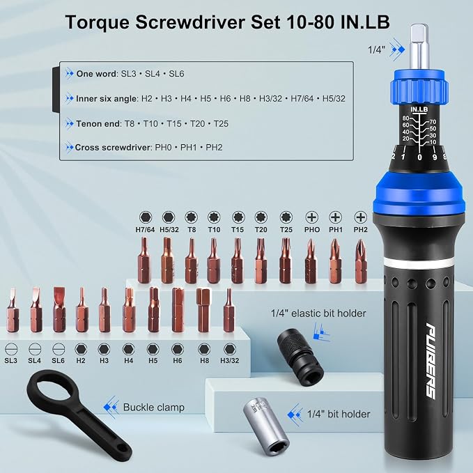 25-Piece Inch Pound Torque Screwdriver Set 1/4 Drive,10-80 In.lb Torque Screwdriver for Gunsmithing,Electronics, Bikes, Motorcycles & DIY Projects
