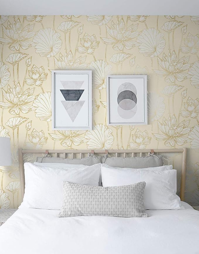 NextWall Lotus Floral Peel and Stick Wallpaper (Metallic Gold & Cream)