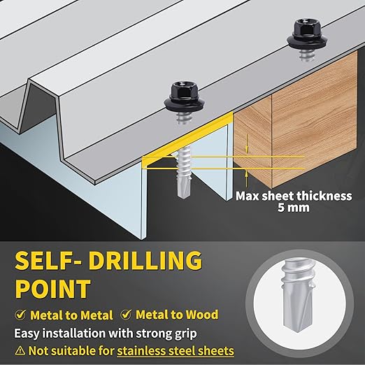 Metal Roofing Screws #12 x 1-1/2", 300 PCS, FIXLINK Baking Paint Hex Head Rubber Washer Sheet Metal Roof Screws Self Drilling Metal to Wood Siding Screws, Hex Socket Included, Black