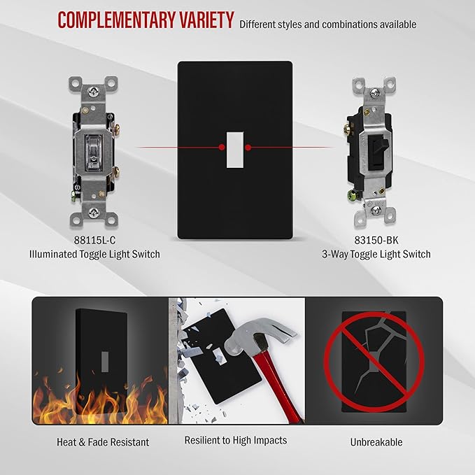 ENERLITES Screwless Toggle Switch Wall Plate, Child Safe Light Switch Cover, Standard Size 1-Gang 4.68" x 2.93", Unbreakable Polycarbonate Thermoplastic, UL Listed, SI8811-BK, Glossy, Black