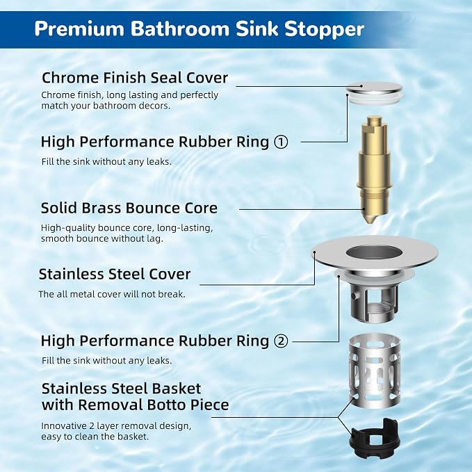 Hibbent 4 Pack Upgraded 3 in 1 Bathroom Sink Drain Strainer, Universal Pop Up Stopper with Removable Stainless Steel Filter Basket Hair Catcher, Sink Plug for 1.1''~2.36'' Basin, Brass Core, Chrome