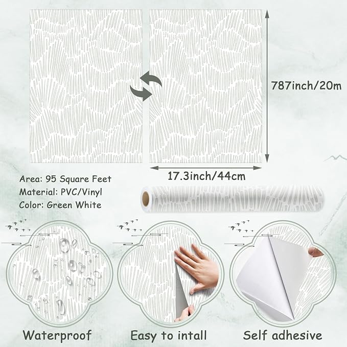Theper Green Wallpaper 17.3"×787" Modern Striped Wall Paper Peel and Stick Wallpaper Boho Self Adhesive Removable Wallpapers for Bedroom Waterproof Vinyl White and Green Contact Paper