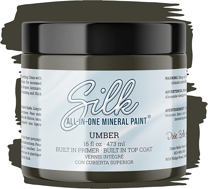 Dixie Belle Silk All-in-One Mineral Paint - Umber (16oz) - Earthy Brown All-in-One Water Based Primer + Topcoat - Durable Furniture Paint - Low Reflective Finish