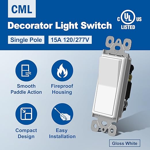 CML Single Pole Decorator Light Switch, 20 Pack Rocker Paddle Wall Switch, 15A 120/277V, On/Off Interrupter, UL Listed, White