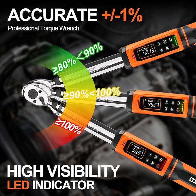 coobeast 3/8 Drive Digital Torque Wrench(1.5-99.5 Ft-lbs./2-135Nm) | Preset Value Torque Wrench with ±2% accuracy, Buzzer and LED Flash Five Units of Measure for Motorcycle, Auto Repair