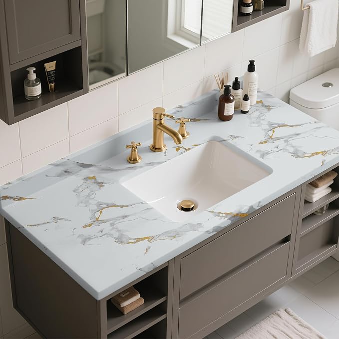 practicalWs Glossy Marble Wallpaper Peel and Stick White/Gold Granite Contact Paper Removable Wall Paper for Kitchen Countertop Cabinet Furniture 23.6" x 118"