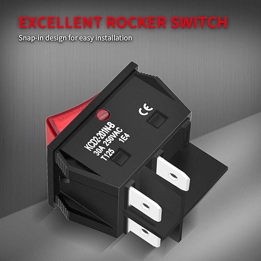 DaierTek 30A 250V KCD2 KCD4 Rocker Switch DPST 4 Pin Red Lighted 120V Rocker Toggle Switch ON Off Heavy Duty T125-3Pack