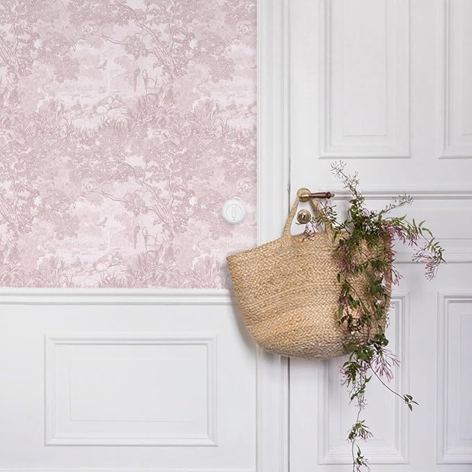 Ismoon Pink Peel and Stick Wallpaper Neutral Wall Paper 17.3in×16.4ft Vintage Removable Self-Adhesive Wallpaper Animals Jungle Contact Paper for Cabinets Bathroom Walls Covering Vinyl Roll